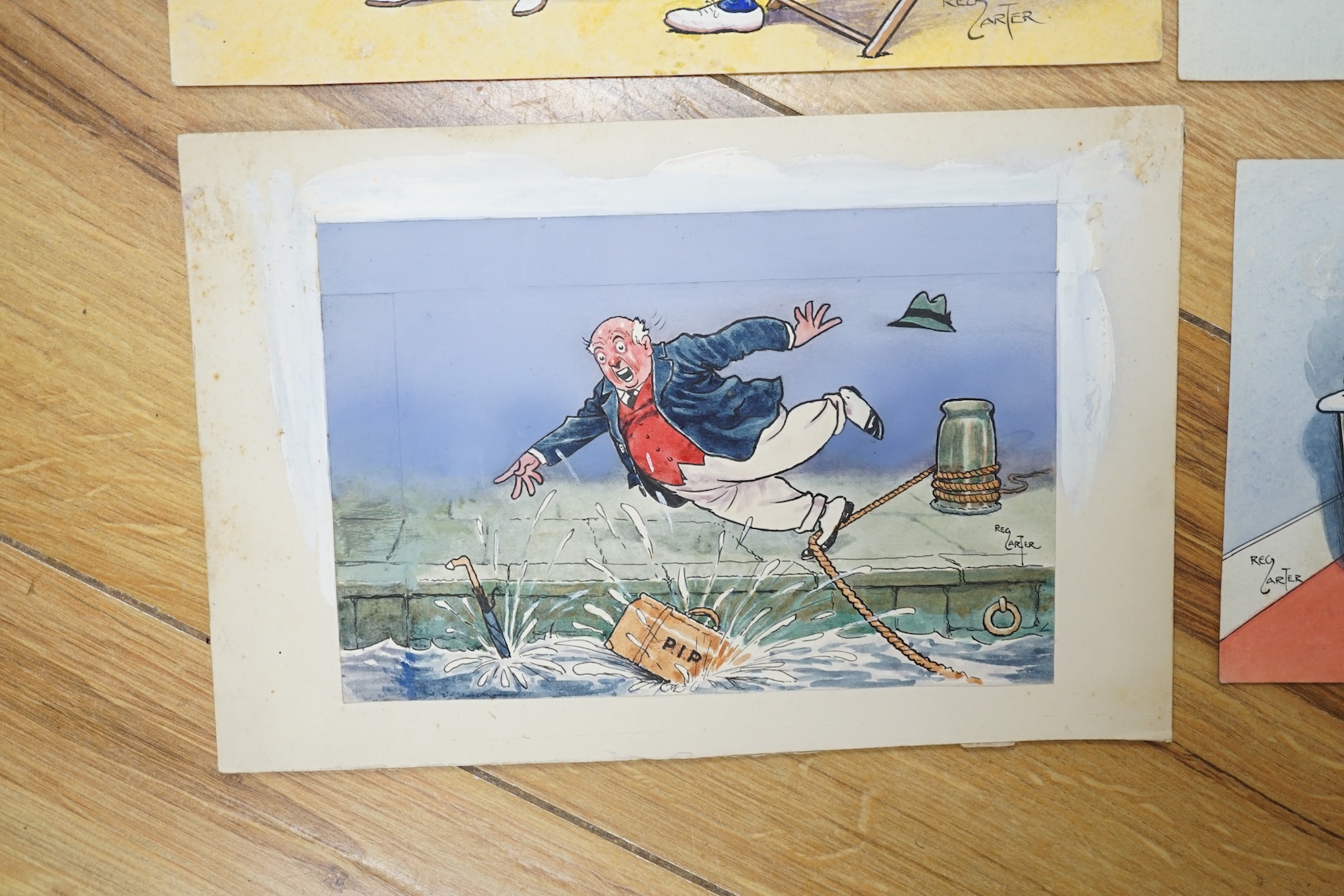 Reg Carter (1886-1949), set of six original watercolours for postcard designs, Humorous figures and scenes, each signed, largest 13 x 21cm, unframed. Condition - fair, some staining